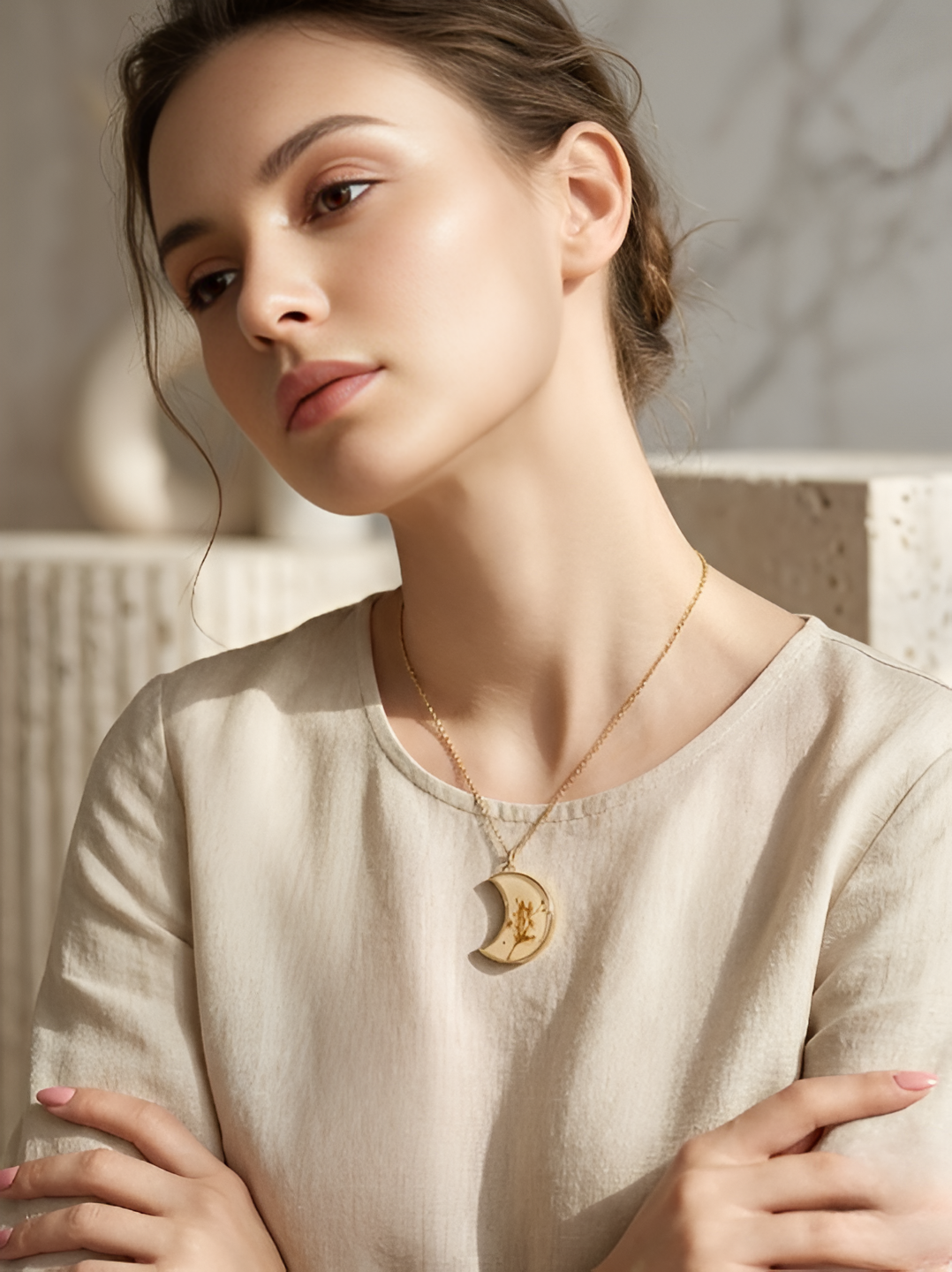 Celestial Gold Crescent Moon Botanical Pendant