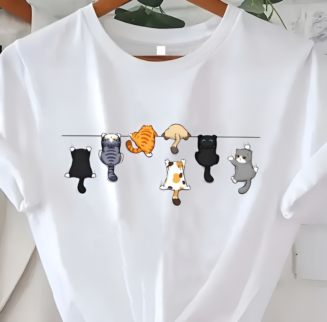 Cute Hanging Cats Printed White T-Shirt